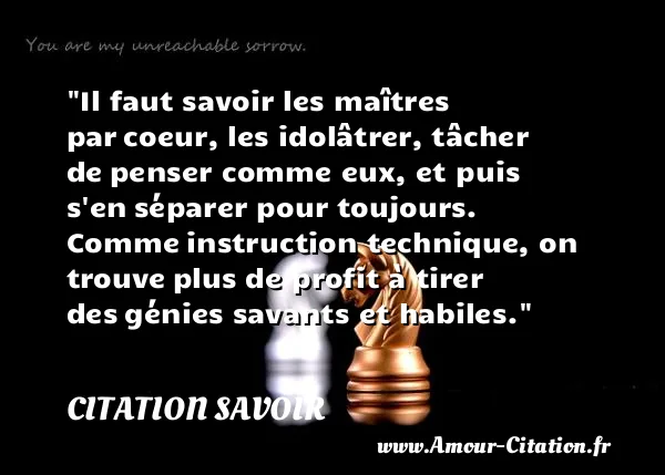 Il faut savoir les maîtres par coeur, les idolâtrer, tâcher de penser comme eux, et puis s en séparer pour toujours. Comme instruction technique, on trouve plus de profit à tirer des génies savants et habiles.  CITATION SAVOIR