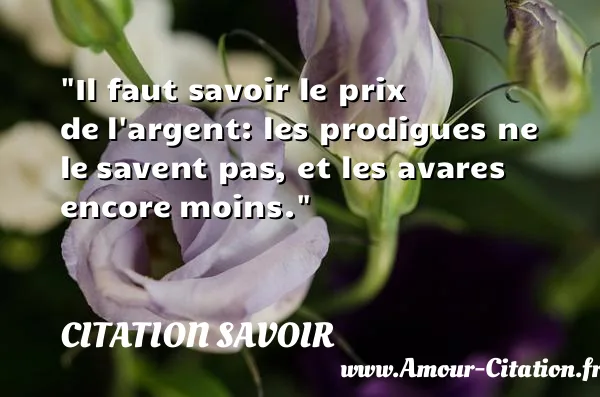 Il faut savoir le prix de l argent: les prodigues ne le savent pas, et les avares encore moins.  CITATION SAVOIR