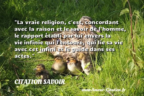 La vraie religion, c est, concordant avec la raison et le savoir de l homme, le rapport établi par lui envers la vie infinie qui l entoure, qui lie sa vie avec cet infini et le guide dans ses actes.  CITATION SAVOIR