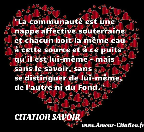 La communauté est une nappe affective souterraine et chacun boit la même eau à cette source et à ce puits qu il est lui-même - mais sans le savoir, sans se distinguer de lui-même, de l autre ni du Fond.  CITATION SAVOIR