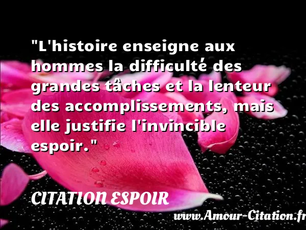L histoire enseigne aux hommes la difficulté des grandes tâches et la lenteur des accomplissements, mais elle justifie l invincible espoir.  CITATION ESPOIR