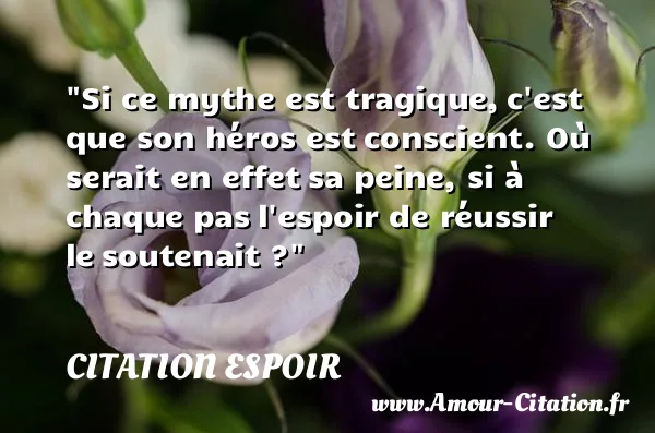 Si ce mythe est tragique, c est que son héros est conscient. Où serait en effet sa peine, si à chaque pas l espoir de réussir le soutenait ?  CITATION ESPOIR