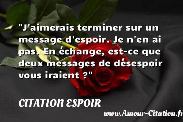 J aimerais terminer sur un message d espoir. Je n en ai pas. En échange, est-ce que deux messages de désespoir vous iraient ?  CITATION ESPOIR