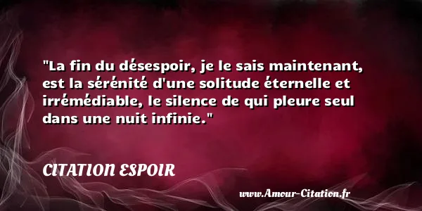 La fin du désespoir, je le sais maintenant, est la sérénité d une solitude éternelle et irrémédiable, le silence de qui pleure seul dans une nuit infinie.  CITATION ESPOIR