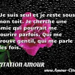  Je suis seul et je reste sous mon toit. Je cherche une amie qui pourrait me sourire parfois. Qui me trouve gentil, qui me parle des fois.  CITATION AMOUR