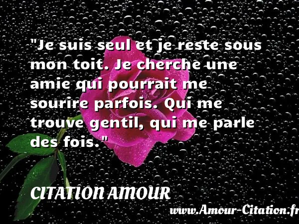 Je suis seul et je reste sous mon toit. Je cherche une amie qui pourrait me sourire parfois. Qui me trouve gentil, qui me parle des fois.  CITATION AMOUR
