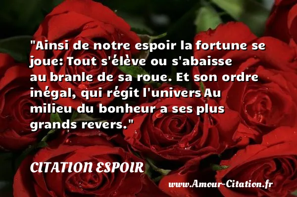 Ainsi de notre espoir la fortune se joue: Tout s élève ou s abaisse au branle de sa roue. Et son ordre inégal, qui régit l univers Au milieu du bonheur a ses plus grands revers. CITATION ESPOIR