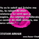  Tu es le soleil qui éclaire ma vie, la raison de mon existence. Le vent que je respire, ma colonne vertébrale. Le centre de mon univers, ma force vitale.  CITATION AMOUR
