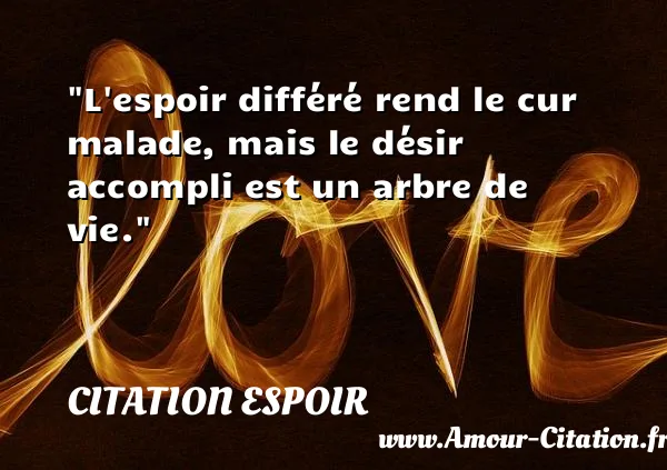 L espoir différé rend le cur malade, mais le désir accompli est un arbre de vie.  CITATION ESPOIR