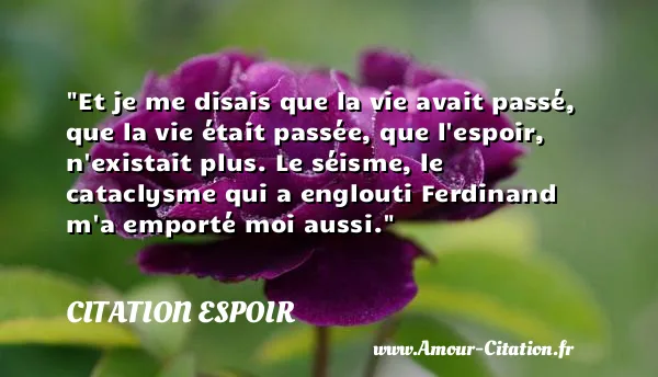 Et je me disais que la vie avait passé, que la vie était passée, que l espoir, n existait plus. Le séisme, le cataclysme qui a englouti Ferdinand m a emporté moi aussi.  CITATION ESPOIR
