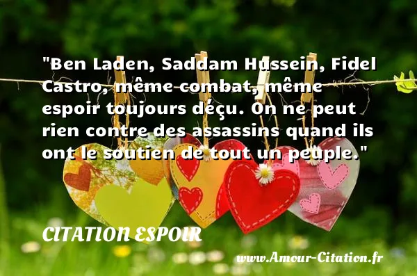 Ben Laden, Saddam Hussein, Fidel Castro, même combat, même espoir toujours déçu. On ne peut rien contre des assassins quand ils ont le soutien de tout un peuple.  CITATION ESPOIR