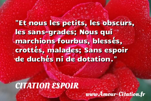 Et nous les petits, les obscurs, les sans-grades; Nous qui marchions fourbus, blessés, crottés, malades; Sans espoir de duchés ni de dotation. CITATION ESPOIR