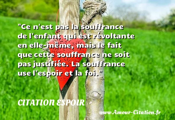 Ce n est pas la souffrance de l enfant qui est révoltante en elle-même, mais le fait que cette souffrance ne soit pas justifiée. La souffrance use l espoir et la foi.  CITATION ESPOIR