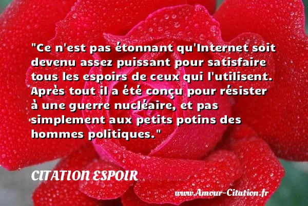 Ce n est pas étonnant qu Internet soit devenu assez puissant pour satisfaire tous les espoirs de ceux qui l utilisent. Après tout il a été conçu pour résister à une guerre nucléaire, et pas simplement aux petits potins des hommes politiques.  CITATION ESPOIR