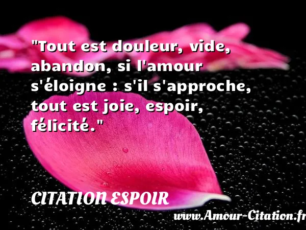 Tout est douleur, vide, abandon, si l amour s éloigne : s il s approche, tout est joie, espoir, félicité.  CITATION ESPOIR