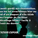 Il avait gardé ses chaussettes. Nous les lui arrachâmes hier au fond d un baquet d eau tiède dans l espoir de faciliter le décollage hélas ! facile à prévoir du derme.  CITATION ESPOIR