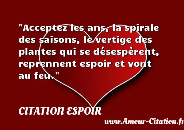 Acceptez les ans, la spirale des saisons, le vertige des plantes qui se désespèrent, reprennent espoir et vont au feu.  CITATION ESPOIR
