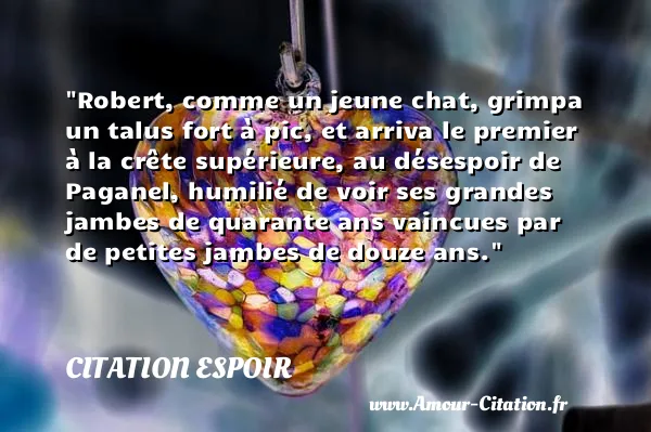 Robert, comme un jeune chat, grimpa un talus fort à pic, et arriva le premier à la crête supérieure, au désespoir de Paganel, humilié de voir ses grandes jambes de quarante ans vaincues par de petites jambes de douze ans.  CITATION ESPOIR
