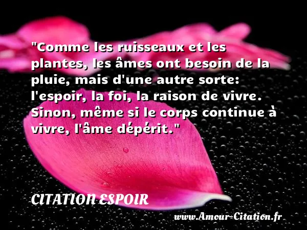 Comme les ruisseaux et les plantes, les âmes ont besoin de la pluie, mais d une autre sorte: l espoir, la foi, la raison de vivre. Sinon, même si le corps continue à vivre, l âme dépérit.  CITATION ESPOIR
