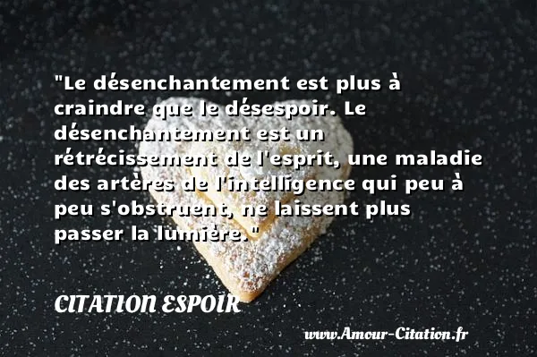 Le désenchantement est plus à craindre que le désespoir. Le désenchantement est un rétrécissement de l esprit, une maladie des artères de l intelligence qui peu à peu s obstruent, ne laissent plus passer la lumière.  CITATION ESPOIR