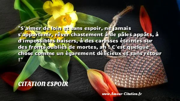 S aimer de loin et sans espoir, ne jamais s appartenir, rêver chastement à de pâles appâts, à d impossibles baisers, à des caresses éteintes sur des fronts oubliés de mortes, ah ! C est quelque chose comme un égarement délicieux et sans retour ! CITATION ESPOIR
