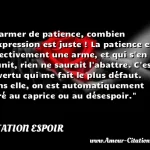  S armer de patience, combien l expression est juste ! La patience est effectivement une arme, et qui s en munit, rien ne saurait l abattre. C est la vertu qui me fait le plus défaut. Sans elle, on est automatiquement livré au caprice ou au désespoir.  CITATION ESPOIR
