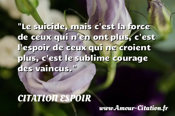 Le suicide, mais c est la force de ceux qui n en ont plus, c est l espoir de ceux qui ne croient plus, c est le sublime courage des vaincus. CITATION ESPOIR