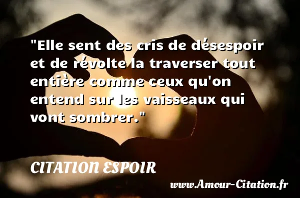 Elle sent des cris de désespoir et de révolte la traverser tout entière comme ceux qu on entend sur les vaisseaux qui vont sombrer.  CITATION ESPOIR