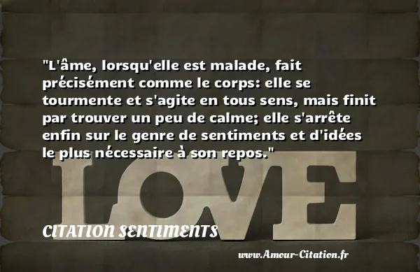 L âme, lorsqu elle est malade, fait précisément comme le corps: elle se tourmente et s agite en tous sens, mais finit par trouver un peu de calme; elle s arrête enfin sur le genre de sentiments et d idées le plus nécessaire à son repos.  CITATION SENTIMENTS
