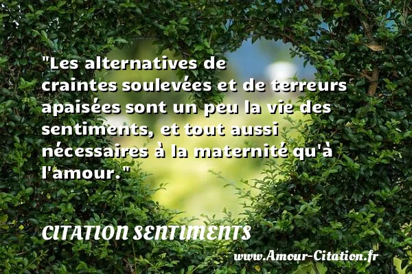 Les alternatives de craintes soulevées et de terreurs apaisées sont un peu la vie des sentiments, et tout aussi nécessaires à la maternité qu à l amour.  CITATION SENTIMENTS