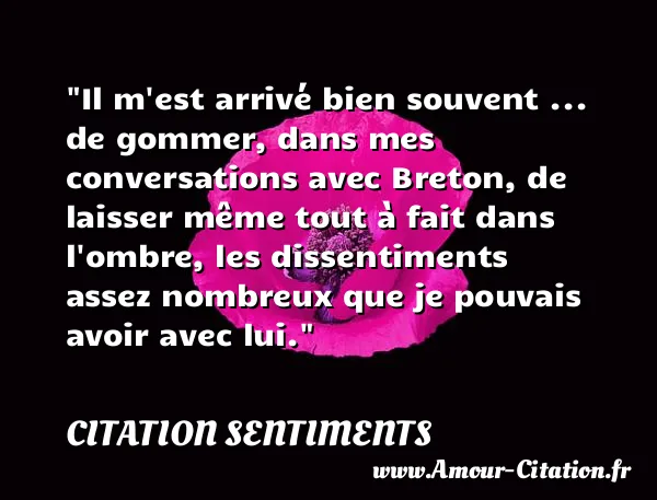 Il m est arrivé bien souvent ... de gommer, dans mes conversations avec Breton, de laisser même tout à fait dans l ombre, les dissentiments assez nombreux que je pouvais avoir avec lui.  CITATION SENTIMENTS