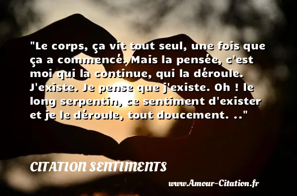 Le corps, ça vit tout seul, une fois que ça a commencé. Mais la pensée, c est moi qui la continue, qui la déroule. J existe. Je pense que j existe. Oh ! le long serpentin, ce sentiment d exister et je le déroule, tout doucement. ..  CITATION SENTIMENTS