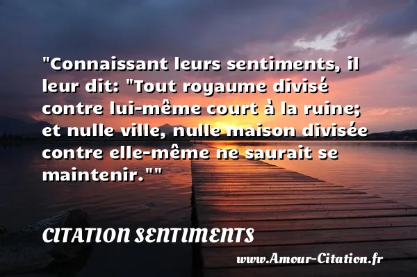 Connaissant leurs sentiments, il leur dit:  Tout royaume divisé contre lui-même court à la ruine; et nulle ville, nulle maison divisée contre elle-même ne saurait se maintenir.   CITATION SENTIMENTS