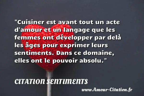 Cuisiner est avant tout un acte d amour et un langage que les femmes ont développer par delà les âges pour exprimer leurs sentiments. Dans ce domaine, elles ont le pouvoir absolu.  CITATION SENTIMENTS