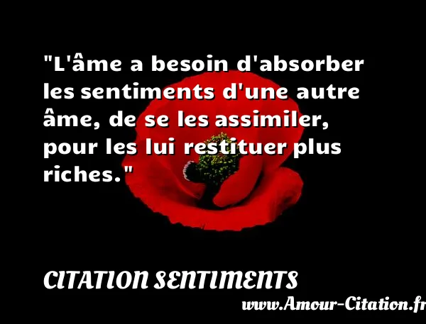 L âme a besoin d absorber les sentiments d une autre âme, de se les assimiler, pour les lui restituer plus riches. CITATION SENTIMENTS