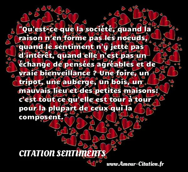 Qu est-ce que la société, quand la raison n en forme pas les noeuds, quand le sentiment n y jette pas d intérêt, quand elle n est pas un échange de pensées agréables et de vraie bienveillance ? Une foire, un tripot, une auberge, un bois, un mauvais lieu et des petites maisons: c est tout ce qu elle est tour à tour pour la plupart de ceux qui la composent.  CITATION SENTIMENTS