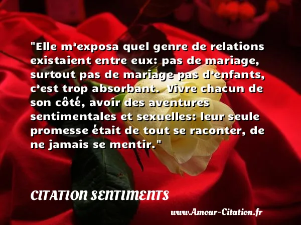 Elle m’exposa quel genre de relations existaient entre eux: pas de mariage, surtout pas de mariage pas d’enfants, c’est trop absorbant.  Vivre chacun de son côté, avoir des aventures sentimentales et sexuelles: leur seule promesse était de tout se raconter, de ne jamais se mentir.  CITATION SENTIMENTS