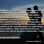  A l automne, les feuilles des arbres prennent de riches teintes d or, de pourpre et de violet — le soleil pare les nuages de couleurs plus splendides — les forêts exhalent une odeur enivrante — et les feuilles qui tombent, et commencent à joncher les sentiers, avertissent que tout va disparaître, que tout va mourir, et invitent à contempler, avec plus d attention et de recueillement, ces splendeurs qui vont s effacer. Alors tous les sentiments prennent une teinte de douce mélancolie, l amour s empare du cœur avec une puissance jusque-là inconnue.  CITATION SENTIMENTS