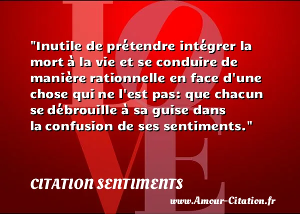 Inutile de prétendre intégrer la mort à la vie et se conduire de manière rationnelle en face d une chose qui ne l est pas: que chacun se débrouille à sa guise dans la confusion de ses sentiments.  CITATION SENTIMENTS