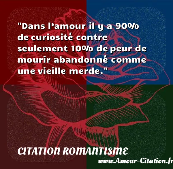 Dans l’amour il y a 90% de curiosité contre seulement 10% de peur de mourir abandonné comme une vieille merde.  CITATION ROMANTISME