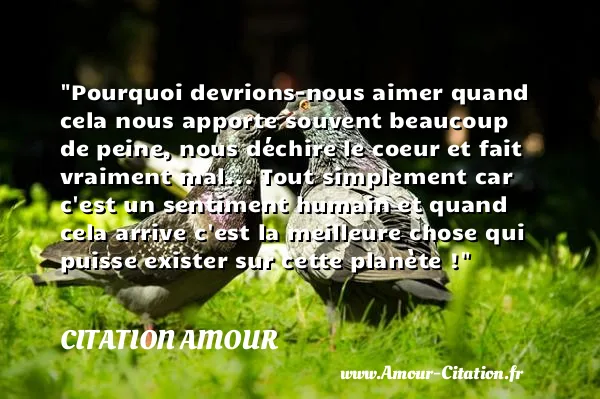 Pourquoi devrions-nous aimer quand cela nous apporte souvent beaucoup de peine, nous déchire le coeur et fait vraiment mal... Tout simplement car c est un sentiment humain et quand cela arrive c est la meilleure chose qui puisse exister sur cette planète !  CITATION AMOUR