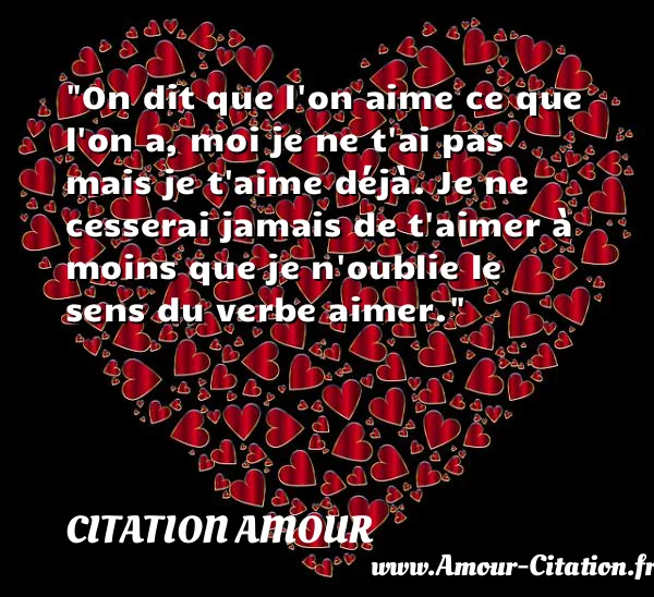 On dit que l on aime ce que l on a, moi je ne t ai pas mais je t aime déjà. Je ne cesserai jamais de t aimer à moins que je n oublie le sens du verbe aimer.  CITATION AMOUR