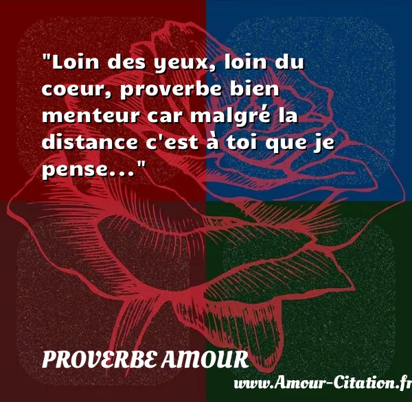 Loin des yeux, loin du coeur, proverbe bien menteur car malgré la distance c est à toi que je pense...  PROVERBE AMOUR
