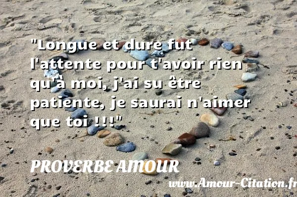 Longue et dure fut l attente pour t avoir rien qu à moi, j ai su être patiente, je saurai n aimer que toi !!!  PROVERBE AMOUR