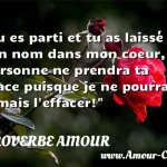  Tu es parti et tu as laissé ton nom dans mon coeur, personne ne prendra ta place puisque je ne pourrais jamais l effacer!  PROVERBE AMOUR